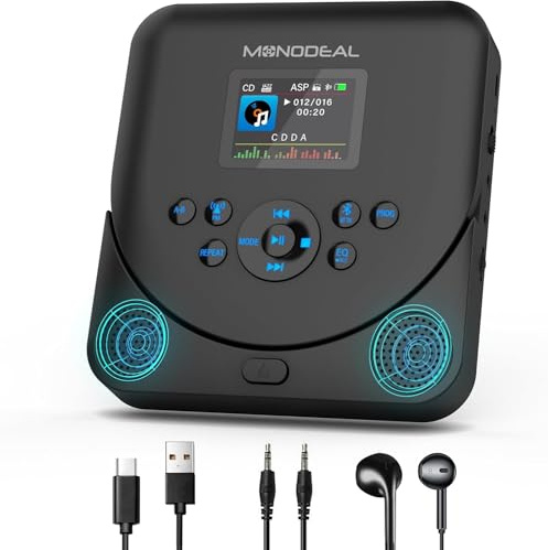 CD Player Tragbar mit TFT Display, 2025 MONODEAL Tragbarer CD Player Bluetooth, Wiederaufladbar CD Player mit Lautsprecher und FM Transmitter für Auto, Anti-Skip und TF Karte unters