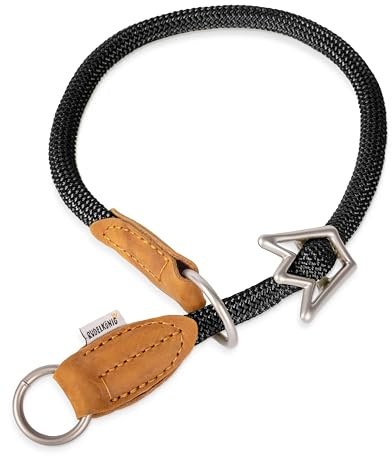 Rudelkönig Hundehalsband Emma - Elegantes Zugstopp Halsband aus Leder und Nylon - ø 12mm - Bequemes Erziehungshalsband für sehr große Hunde in schwarz