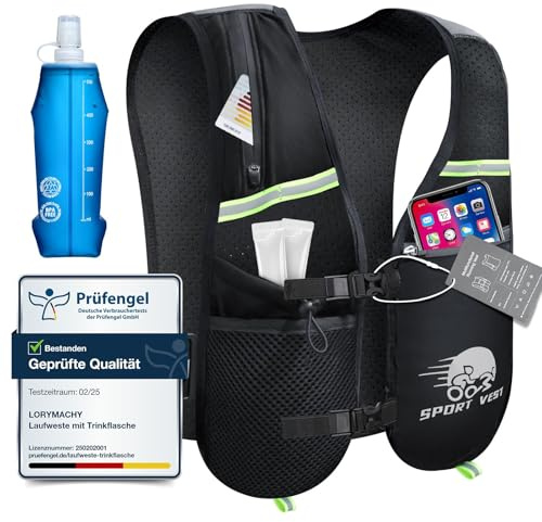 Laufweste Damen Herren - Ultraleicht Running Vest mit 500ml Trinkflasche, 6 Taschen, Atmungsaktiv, Verstellbar, Reflektierende Laufrucksack füR Laufen, Marathon, Wandern, Radfahren