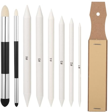 Papierwischer Set,9 Stück Skizzenzeichen Werkzeuge Mischen Blendende Stümpfe und Tortillions Set,Bleistiftspitzer Zeichenzubehör Set mit Schleifpapier,Bleistift um Zeichnen
