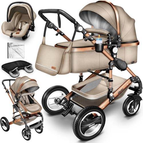 KIDUKU® 3 in 1 Kinderwagen XXL Set inkl. Babywanne Buggy Auto-Babyschale | Kombikinderwagen Komplettset mit Sportsitz Fußsack Vollgummireifen Wickeltasche Handwärmer Regenschutz Kindertisch ECE R129