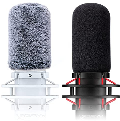 SUNMON Mikrofon Popschutz Kompatibel mit HyperX QuadCast/S / 2S, 2 Stück Mikrofon Schaumstoff Windschutz +Pelziger Windsack, Wasserdicht Mikrofon Abdeckung Pop-Filter für Draußen