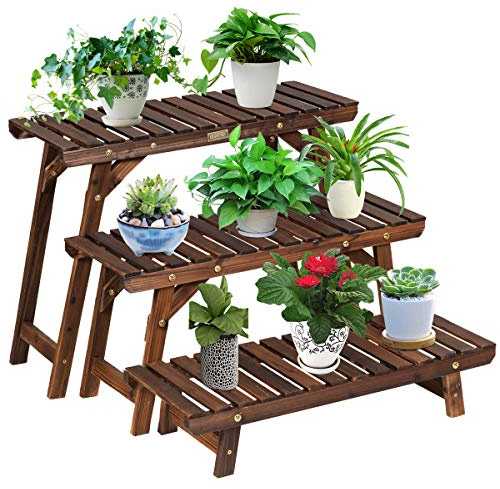 KOMFOTTEU 3 teiliger Pflanzenständer, Blumentreppe aus Holz, mehrstöckige Blumenregale, Blumenleiter mit klassischem Design, abnehmbares Pflanzenregal für Garten Balkon Terrasse, Natur