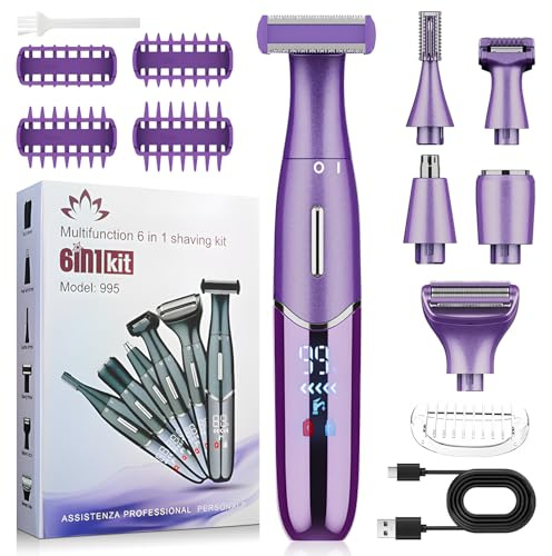 Anluomania 6-in-1 Rasierer Damen, Damenrasierer Elektrisch, Intimrasierer Für Frauen, Augenbrauenrasierer, LED-Anzeige, Wiederaufladbarer USB, Nass- und Trockengebrauch, Für Körper Gesichtshaare Nasen