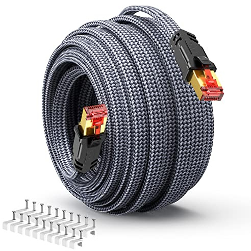 SNOWKIDS Cat8 LAN Kabel 15Meter 40Gbps Nylon Flach Netzwerkkabel (15M Grau) | Robust Nylon-Kabel, 2000MHz Hohe Geschwindigkeit Patchkabel, S/FTP, RJ45 Stecker Ethernet Kabel für Router/Modem/TV/Switch
