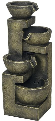 Outsunny Gartenbrunnen, Springbrunnen mit Einstellbarer Strömung, 4 Stufen Zierbrunnen, Wasserspiel, Wasserfall für Garten, Gartenteich, Terrasse, Kunstharz