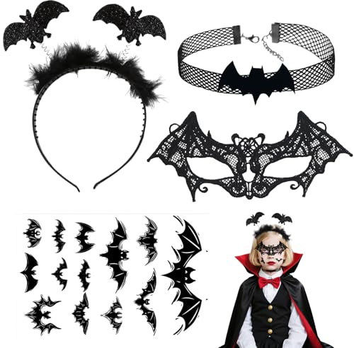 Halloween Fledermaus-Set: Halloween Haarreif, Fledermaus Halsband, Abziehtattoos, Brillengestell- Grusel Accessoires für Dekoration, Cosplay, Kostümparty