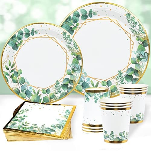 Grün Partygeschirr Set,96Pcs Green Gold Baby Shower Pappteller,Olive Grün Einwegteller Set mit Pappteller Becher Servietten für Geburtstagsparty Dekoration,Babyparty,Jungle Safari Party,Boho Hochzeit