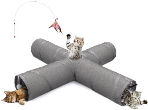 Ownpets Katzentunnel-Spielzeug, 4-Wege-zusammenklappbarer Katzentunnel für Indoor-Katzen, interaktives Guckloch, Haustier-Tunnel mit Katzenstab-Spielzeug