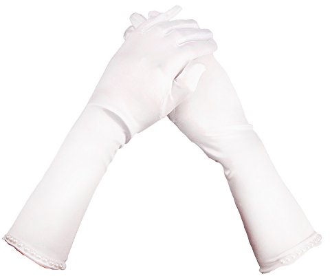 FakeFace Perlenverzierte Lange Brauthandschuhe für Blumenmädchen, Satin Ellenbogen Fingerhandschuhe, Mädchen Hochzeitkleid Handschuhe für Hochzeit, Party,Oper,Tanz, Kinder Braut Handschuhe