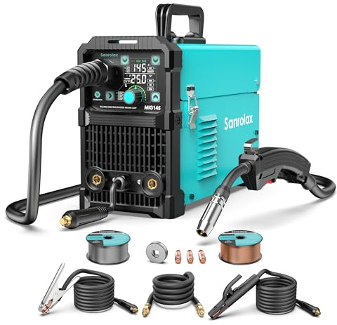 145A MIG Schweißgerät 220V Flux MIG/Lift TIG/MMA 3-in-1 Fülldraht Schweißgerät Ohne Gas IGBT Inverter Schweissgerät mit Synergischem Drahtvorschub Digitalanzeige für Profis Anfänger
