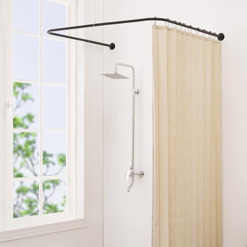 Yampos U Form Duschvorhangstange, Einstellbare [Beide Seiten: 60 cm - 132 cm, Mitte: 76 cm - 117 cm] Badewanne Duschstange Außenduschstange für Badezimmer mit 12-Haken für Deckenunterstützung