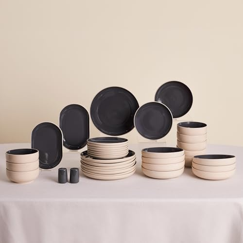 KARACA Terra Geschirrset Basic 36 teilig für 8 Personen Anthrazit, Modernes Steingut Tafelservice Kombiservice, Kratzfestes Teller Set mit Schüsseln, Mikrowellen und Spülmaschinenfest