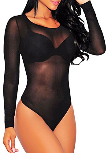 Toocool - LC6581 Damen-Body, Unterjacke, transparent, Rundhalsausschnitt, langärmelig
