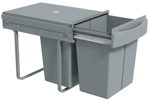 HOMCOM Abfallsammler 20 L+20 L Ausziehbar für Schränke mit Griff Grau | Einbaumülleimer, Unterschrank Abfalleimer, Mülleimer für Schränke, 3 Herausnehmbare Fächer, Mattierter Deckel