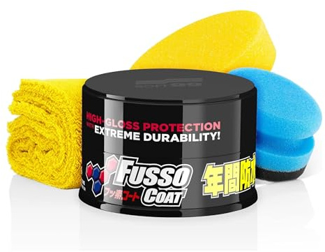 Detailmate Soft99 New Fusso Coat 12 Months Wax Dark Hartwachs Autowachs, Lackversiegelung, 200 gr für dunkle Lacke schwarz + langfloriges Mikrofaser Poliertuch + Polierschwamm