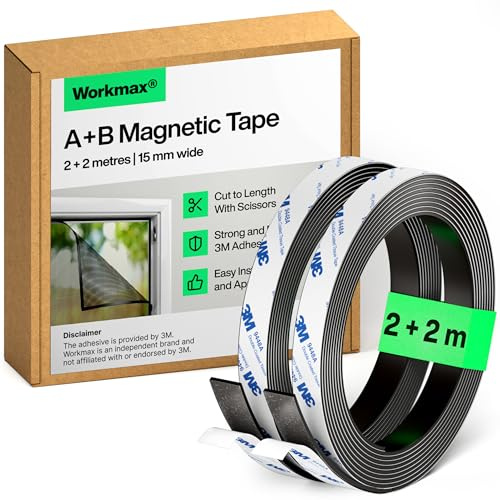 WORKMAX® A+B Magnetband für Fliegengitter & Moskitonetze - Selbstklebende Magnetstreifen mit starker gegenseitiger Anziehung - Magnetklebeband mit Gegenstück & starkem Kleber (2+2 m)