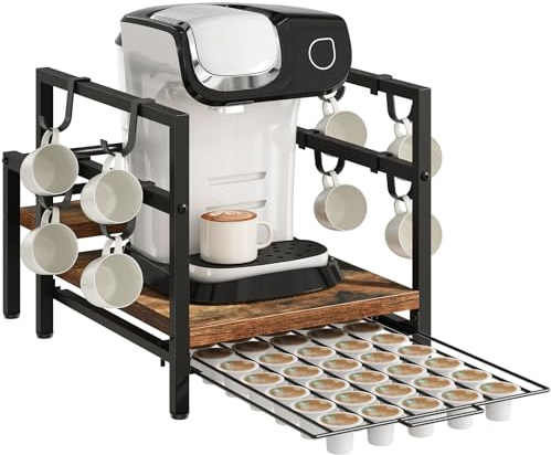 HOOBRO Kapselhalter für 35 Kapseln, Kapselschublade, Kapselspender Ständer, Kaffeekapseln Aufbewahrung, Kaffeemaschinenhalter, für Sirup, Tasse, Becher, Vintagebraun und Schwarz EBF01CR01