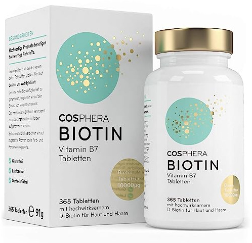 Biotin Tabletten - Hochdosiert mit 10.000 mcg D-Biotin pro Tablette - 365 vegane Tabletten im 1-Jahresvorrat - für schöne Haare und Haut - Vitamin B7 trägt zur Erhaltung normaler Haut und Haare bei