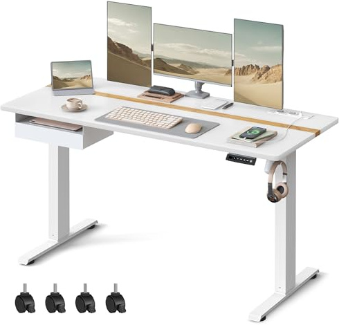 VASAGLE Höhenverstellbarer Schreibtisch elektrisch, 140 x 60 cm Tischoberfläche, Memory-Funktion mit 4 Höhen, mit Steckdosen und Stoffschubla, wolkenweiß-golichenfarben LSD114W01