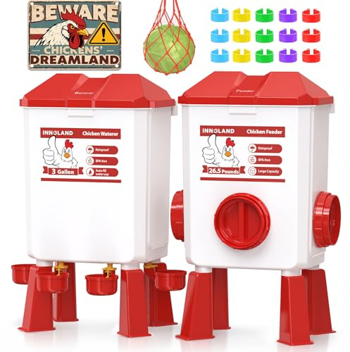 Futterautomat Hühner und Hühnertränke – 12 kg/11 L, Wassertränke Hühner mit 4 Bechern und 3 Futteröffnungen, Keine Verschwendung, Geflügeltränke, Hühnerzubehör für Hennen/Enten/Geflügel