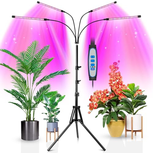 wolezek LED Pflanzenlampe mit Ständer, Bodenpflanzenlicht Vollspektrum 4 Köpfe für Zimmerpflanzen,Grow Lamp Tripod einstellbar15-61Inch,Timing 6/12/16H,3 Modi & 5-stufige Helligkeit