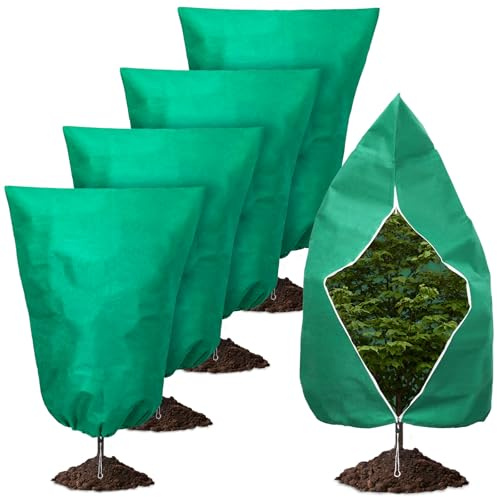 4 Stück Winterschutz Pflanzen Außen 80cm x 120cm Pflanzenschutz Winter | Frostschutz Pflanzen mit Reißverschluss & Zugband Robuster 70g/m² Frostschutzhaube für Kübelpflanzen Olivenbäume Palmen