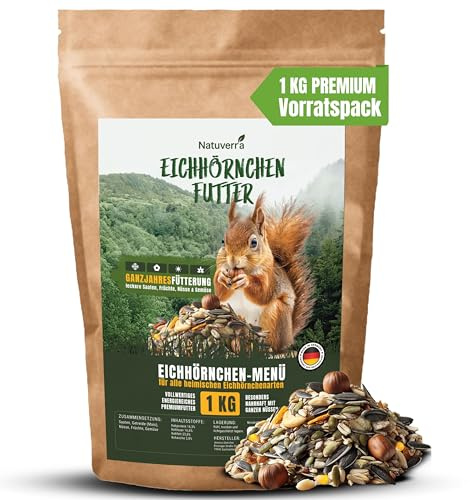 Natuverra Eichhörnchen Futter 1 kg | artgerecht & ausgewogenes Ganzjahres-Futter | Nussmischung mit Nüsse für Eichhörnchen & Streifenhörnchen | ideal fürs Futterhaus und Futterstation | mit Haselnüsse
