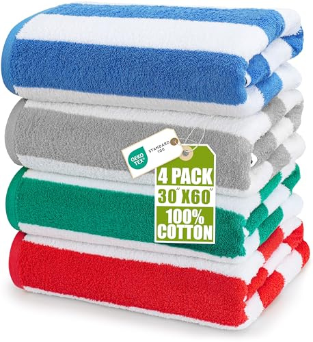 Utopia Towels - Große Strandtücher Cabana-Streifen (76 x 152 cm) - 100% gesponnene Baumwolle, weich und saugfähige Handtücher (4er-Pack, Blau, Grau, Rot und Grün)