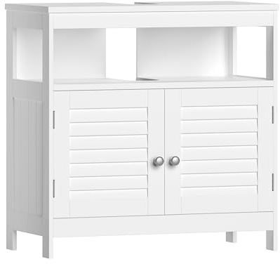 VASAGLE Waschbeckenunterschrank, 2 Lamellentüren, Wolkenweiß | Badezimmerschrank, Aufbewahrungsschrank, 60 x 30 x 60 cm, verstellbare Regalebene, Griffe, Wolkenweiß BBC02WT