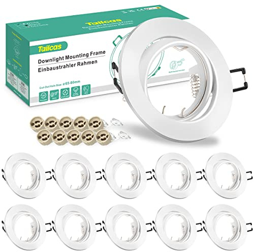 Tailcas 10er Einbaustrahler GU10 Set Einbaurahmen Weiß 230V Spots, inkl. GU10 Fassung, LED 68mm Lochdurchmesser Rund, 30° Schwenkbar Einbauspots Rahmen für LED oder Halogen Leuchtmittel