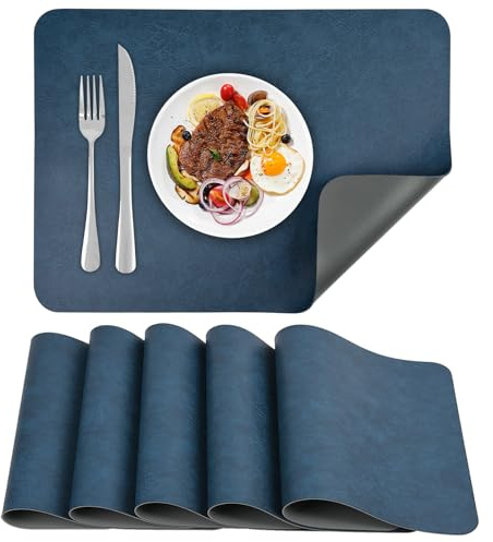 APLKER Platzsets 6er Set, rutschfest Abwaschbar Tischsets,Doppelseitigen Kunstleder Platzdeckchen, Hitzebeständig Platz-Matten für Küche Speisetisch, 43 x 30 cm (Blau/Grau, 6pcs)