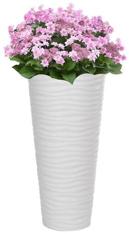 MELTOM Pflanzkübel Slim Rund 3D Effekt - Wellen - Farbe: Weiß mit Herausnehmbaren Einsatz, DxH: 40 x 79 cm, Hoch, für Innen- und Außenbereich