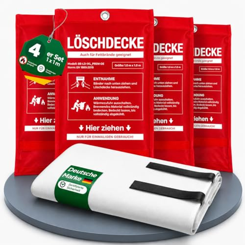 Brandengel® 4er Set Feuerlöschdecke 1x1 m – DIN EN 1869:2019 geprüfte Löschdecke für Fettbrand & Küche – Feuerdecke aus Glasfaser für Haushalt, Werkstatt, Auto, Grill & Camping