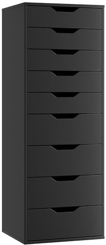 FOREHILL Kommode schwarz mit 9 Schubladen, Schubladenschrank schmal, Hochkommode für Schalfzimmer, Wohnzimmer, Büro, Flur, 45 x 40 x 124 cm