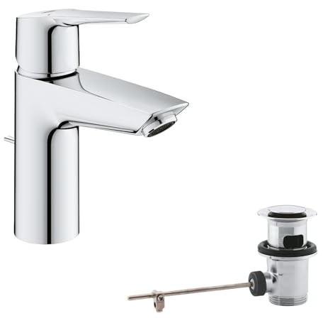 GROHE Start, Waschtischarmatur, wassersparend (Wasserhahn für das Bad, Badarmatur mit Zugstangen-Ablauf, 17cm hoch, mit 3in1 Werkzeug, einfache Installation am Waschbecken), chrom, 24209002