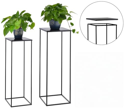 VINCIGANT 2er Set Blumenständer Metall Schwarz, Pflanzenständer 70cm und 80cm Höhe, Stapelbar Stabil für Innen Außen, Blumenhocker, Blumensäule, Wohnzimmer, Garten Balkon