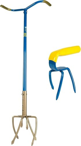 Gardenclaw Gartenkralle und Mini Kralle GGM1020- Unkraut Entferner Gerät - Höhenverstellbar von 97 bis zu 106 CM - Auflocker des Bodens - Jäten von Unkraut - Stahl, blau gelb gold