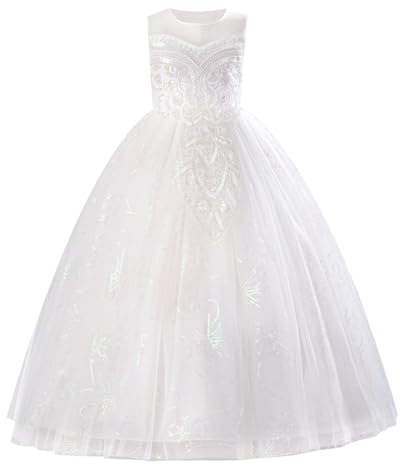 IBAKOM Festliche Kleider Mädchen: Prinzessin Kleid für Hochzeit Blumenmädchenkleid Brautjungfernkleider- A-Linie Sommerkleider Kommunionkleid Geburtstag Abendkleid Ballkleid Lang