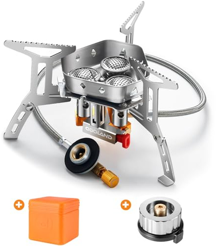 Odoland Campingkocher 6800W Gaskocher mit Piezozündung Adapter und Faltbar Aluminium Windschutz Gas Campingkocher für Schraubkartusche Gasbrenner Faltbar Camping Kocher für Wandern Picknick Outdoor
