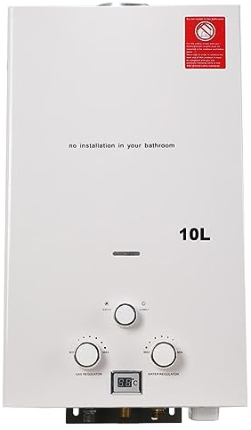 SUDEG 10L Gas Durchlauferhitzer,20KW LPG Warmwasserbereiter Instant Heißwasserbereiter Flüssiggas Durchlauferhitzer Warmwasserspeicher mit Plating-Duschkopf-Set,Weiß