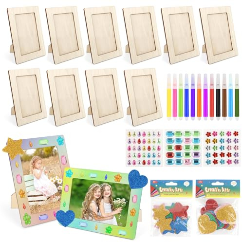 TOSAVGA Bilderrahmen Set, 10 Stück Bilderrahmen Holz, 20x15cm holzbilderrahmen/DIY Bastelsets für Kinder, holzbilderrahmen zum Bemalen mit Glitzersteine & Sticker für Kinder, Kindergeburtstag Basteln