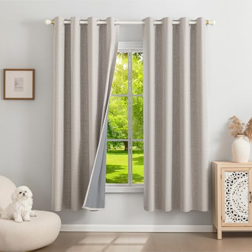 Runyéla 100% Verdunklungsvorhänge Leinen Gardinen mit Ösen, Thermovorhang | 2er Set, H175xB140 Grauweiß, Leinenoptik Vorhang Blickdicht, UV-Schutz Wärmeisolierend Schallschutz Schlafzimmer Wohnzimmer