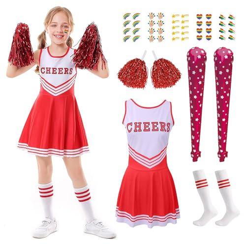 HEYIDAMAI Cheerleader Kostüm Kinder, Cheerleading Uniform Kleid, Kostüm Cheerleader Mädchen, Cheerleadering Outfit Mädchen, mit Pompons, Socken, Aufblasbare Cheer Sticks, Regenbogen Tattoos.