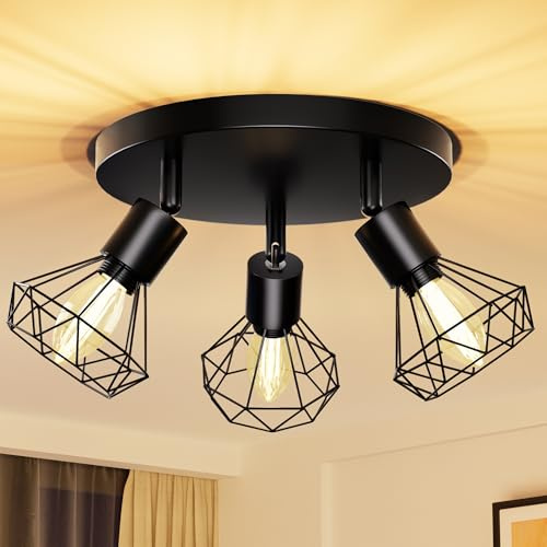 Deckenlampe LED Deckenleuchte 350° Deckenspots Lamp E14 3 Flammig Schwarz | Deckenstrahler Schwenkbar Schwarz Lampen Küchenlampe Wohnzimmer, Flurlampe Hanging Ceiling Modern für Küche, Flur,Schlafzimme