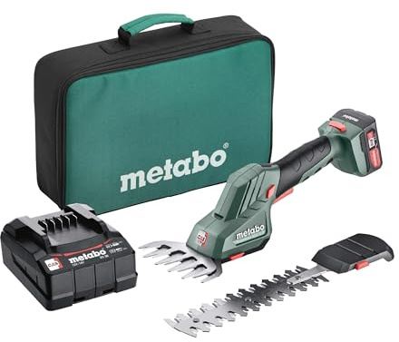 metabo Akku Strauch- und Grasschere PowerMaxx SGS 12 Q - 12V - 2in1 Schere mit lasergeschnittenen Messern, werkzeuglosem Schnellwechsel, Sicherheitsstopp - Inkl. 2.0 Ah Akkupack, Ladegerät & Tasche