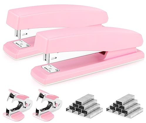 Deli Heftgerät, Schreibtisch-Hefter, 2 Stück, Bürohefter, 25 Blatt Kapazität, inklusive 2000 Heftklammern und 2 Heftklammerentferner, 2 Stück, Pink