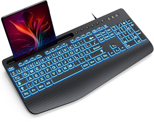 SABLUTE Tastatur Beleuchtete Kabel USB PC Ergonomische Tastaturen Hintergrundbeleuchtete Computertastatur mit großem Druck, 7-Farbiger Hintergrundbeleuchtung,Telefonhalter, gut lesbar