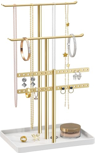 Schmuck Organizers, Schmuckständer 32cm Groß, 4 Ebenen Robust Schmuckaufbewahrung Reise, Schmuckschrank für Halskette, Armband, Parfüm und Ohrringe, Deko Aesthetic Accessoires, Gold/Weiß
