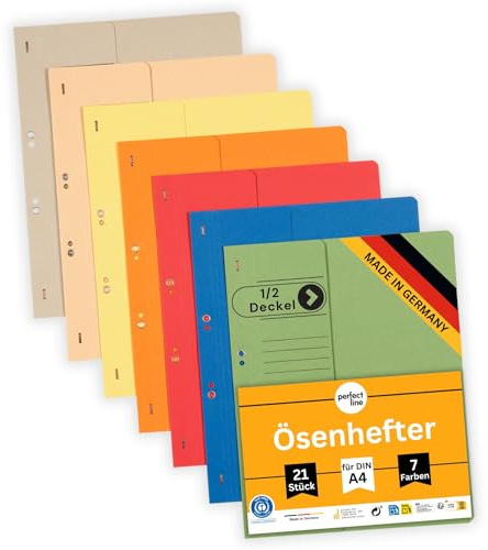 perfect line – 21x Ösenhefter DIN A4, 250 g/m² Recyclingkarton, 7 Farben je 3 Stück, ½ Vorderdeckel, Blauer Engel zertifiziert, umweltfreundlich, Made in Germany